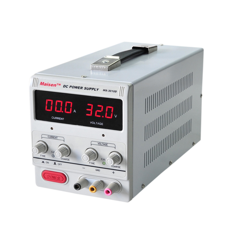 型号:MS3010D:0-30V/0-10A 产品特点: 1. 加厚钢板机箱,美观大方,坚固耐用。提手设计,方便搬运。 2. 电压、电流均采用粗调和细调设计,精确调整输出电流、电压值。 3. 恒压、恒流自动转换,即可当恒压源使用,亦可当恒流源使用。 4. 保护功能完善:过压保护(OVP),短路保护(OCP),过温保护(OTP)。 5.